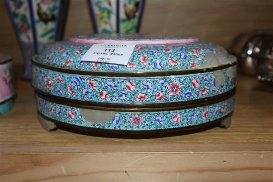 A pair of Chinese Canton enamel containers and vases, 19th/20th century